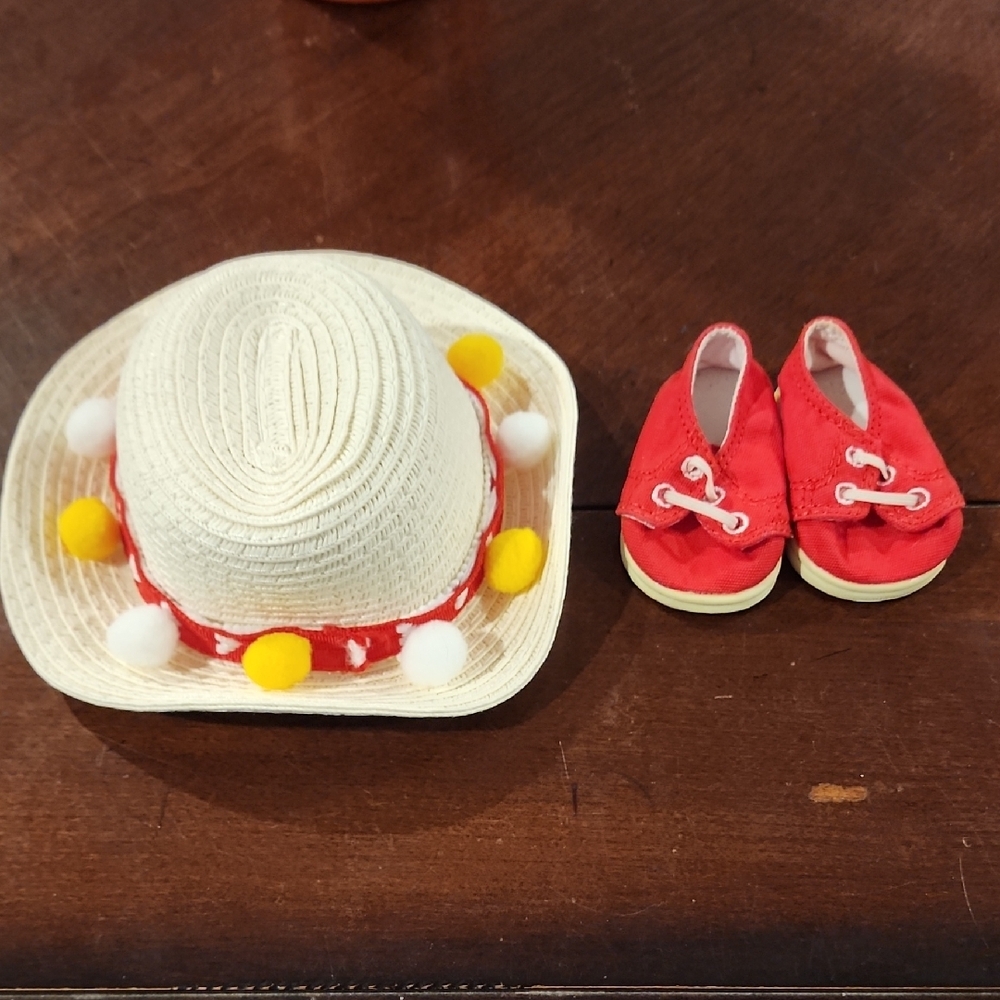 Red 18in doll Shoes and Cream Hat Set